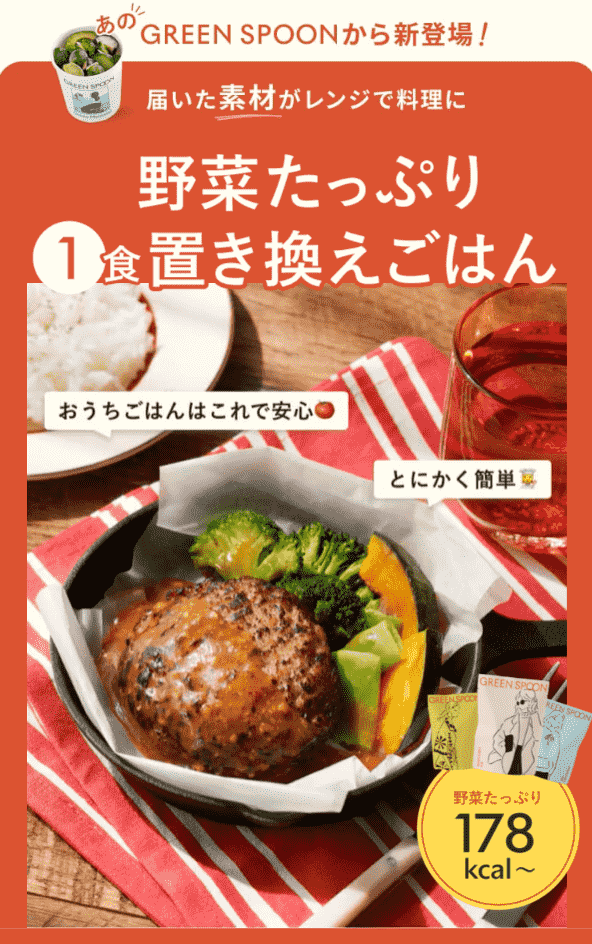 GREEN SPOONの新登場メニュー「野菜たっぷり1食置き換えごはん」。レンジで簡単調理、178kcal~の低カロリーで安心の野菜たっぷりメニュー。ハンバーグとブロッコリー、カボチャなどが添えられた栄養バランスの良い一品。