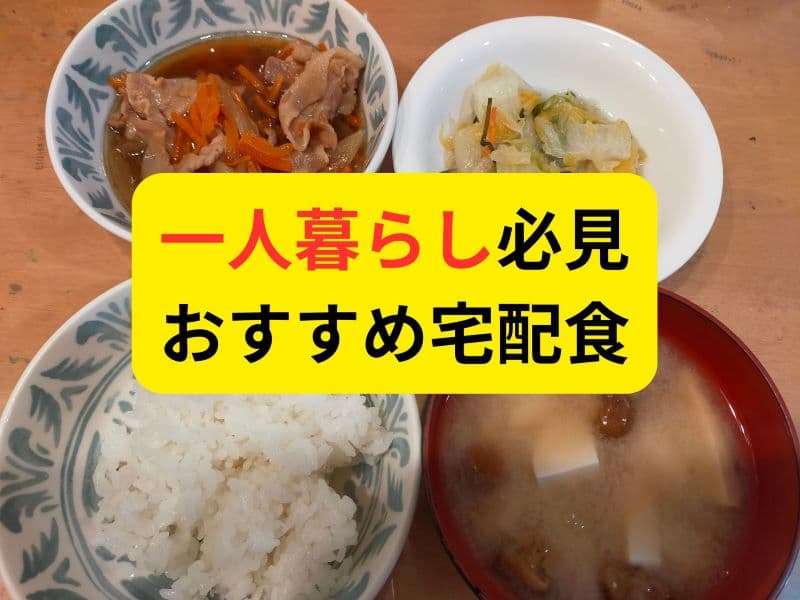 一人暮らし必見のおすすめ宅配食を紹介。ご飯、味噌汁、豚丼、野菜の小鉢が並ぶ宅配食の写真例。