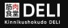 筋肉食堂DELIのロゴマーク：黒背景に赤い「肉」の文字と白いテキストデザイン