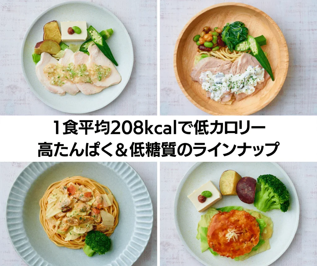 筋肉食堂のダイエットコースメニュー。1食平均208kcalで低カロリー・高たんぱく＆低糖質のラインナップ。鶏むね肉や野菜を使った健康的な食事例を紹介。