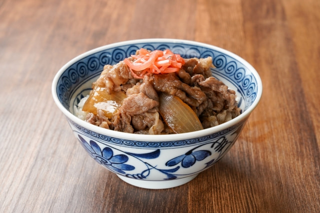 作り置きメニューの一例としての牛丼。甘辛く煮た牛肉と玉ねぎがご飯にのり、体調が良い日にまとめて作って冷凍保存もできる便利な家庭料理。忙しい日や体調不良時にもすぐ食べられる。