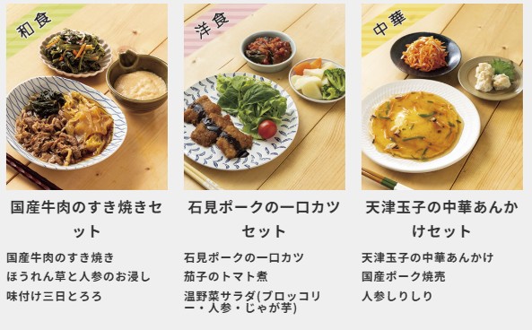 わんまいるの和食・洋食・中華メニュー例。すき焼きセット、ポークカツセット、天津玉子の中華あんかけセットの3種類の食事が並ぶ。