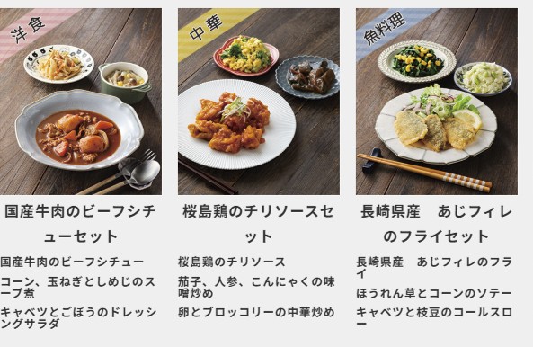 わんまいるの洋食・中華・魚料理メニュー例。ビーフシチューセット、チリソースチキンセット、あじフライセットの3種類の食事が並ぶ。